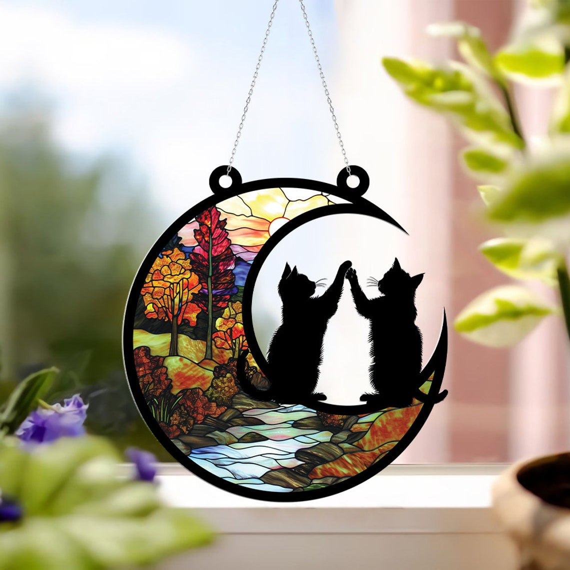 Cats Playing on Moon Suncatcher, Cats Playing on Moon Hanging Ornament Decor Gift