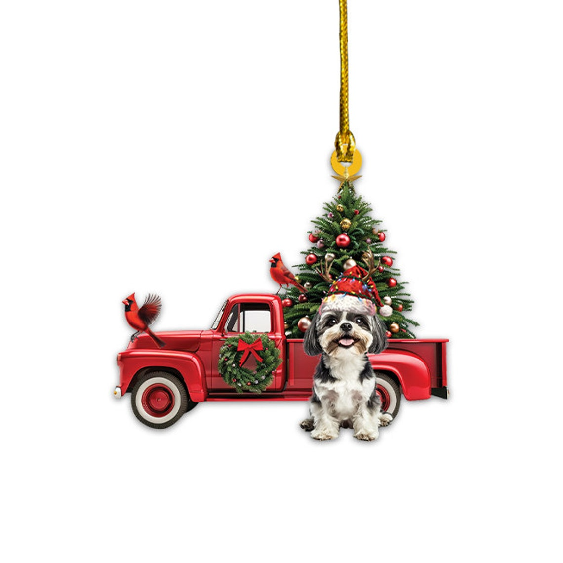 Shih Tzu Dog and Red Truck Christmas Ornament, Shih Tzu Dog Rearview Mirror Car Ornament Gift