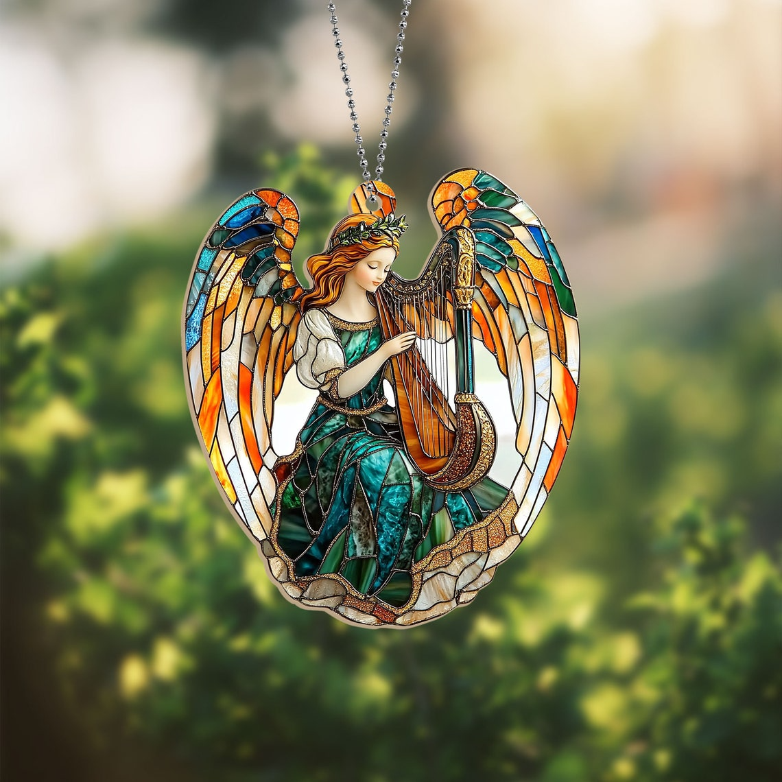 Christmas Winged Angel With Harp Suncatcher, Angel With Harp Hanging Ornament Home Decor