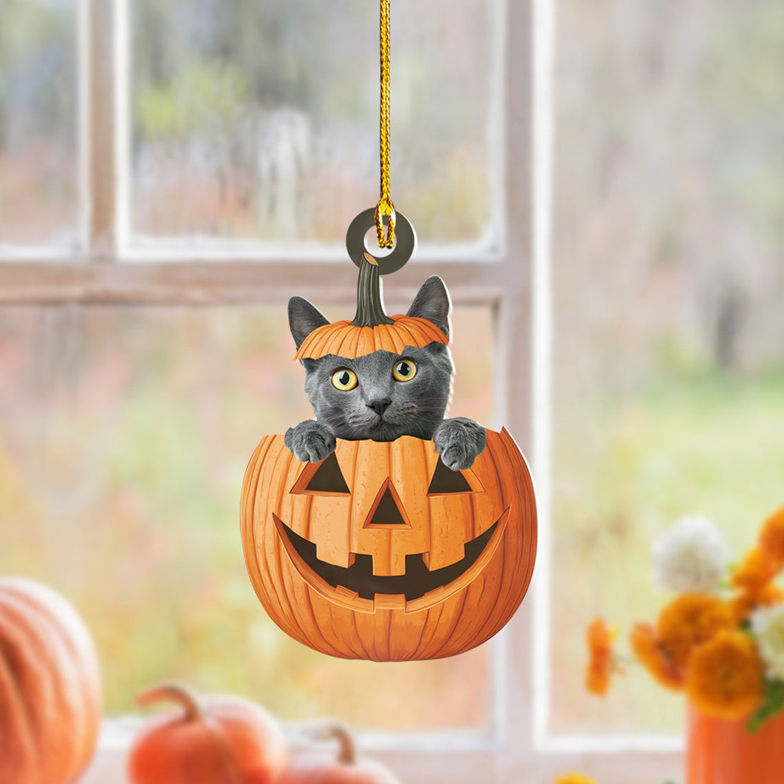 Lovely Russian Blue Cat Halloween Ornament, Russian Blue Cat Pumpkin Ornament Decor Holiday Gift