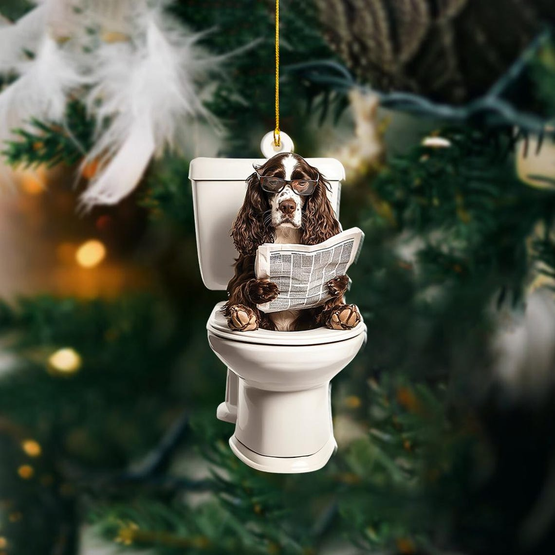 English Springer Spaniel Dog Sit On Toilet Ornament, Dog Car Ornament Christmas Decor Gift