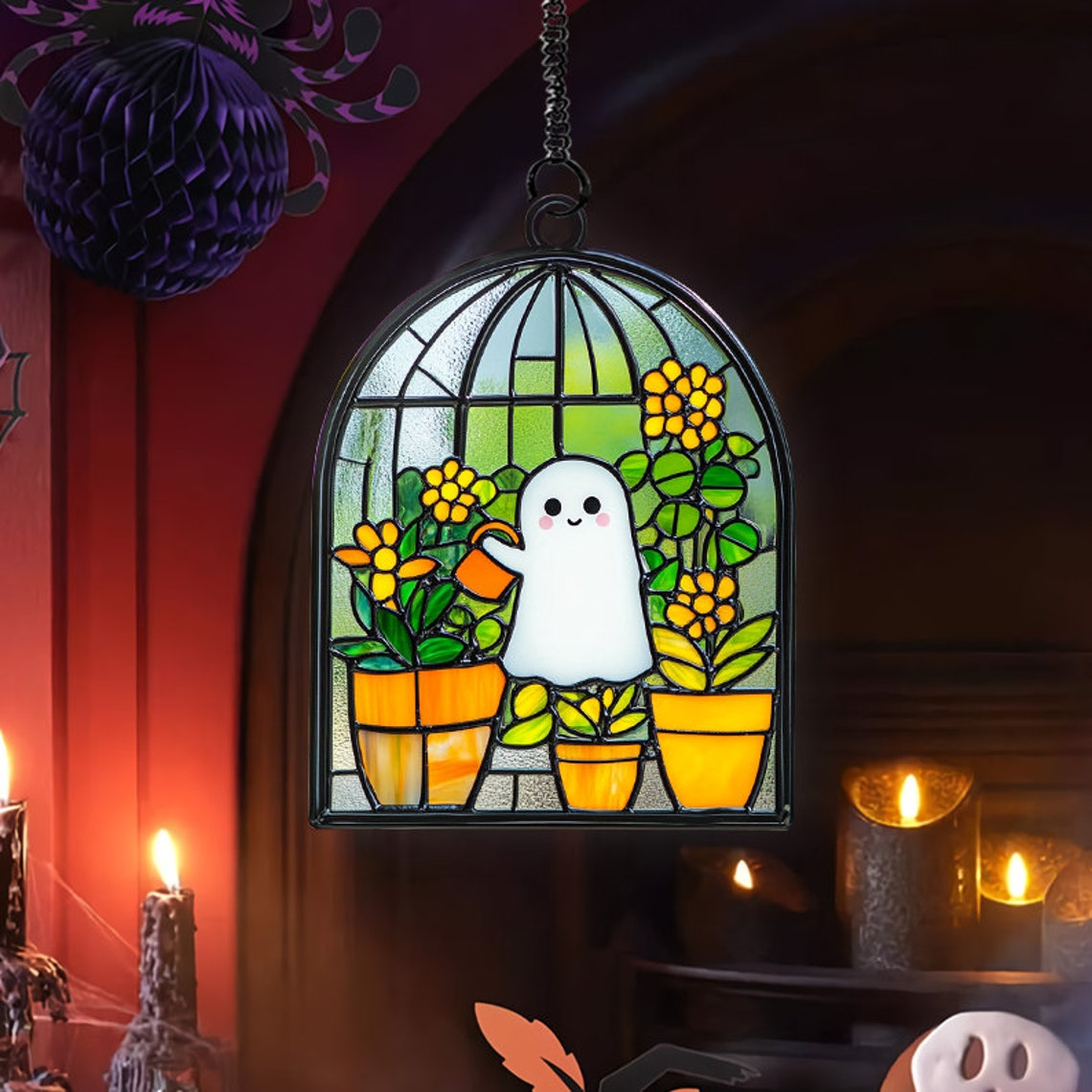 Cute Ghost at Greenhouse Water the Plants Suncatcher, Cute Ghost Hanging Decor