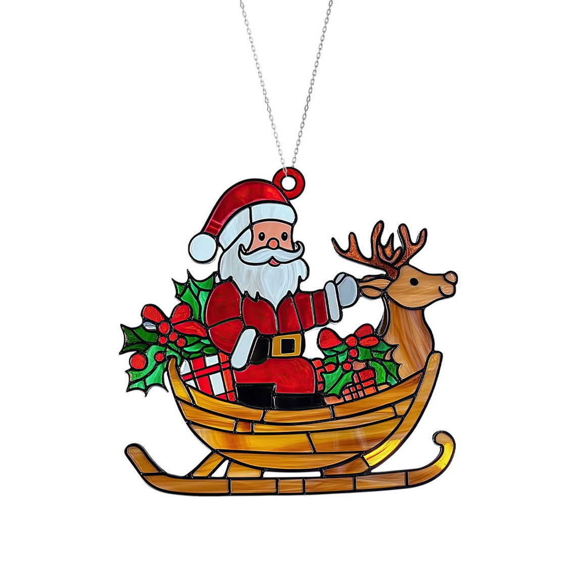 Santa Claus Hanging Christmas Suncatcher, Santa Sleigh Suncatcher Ornament