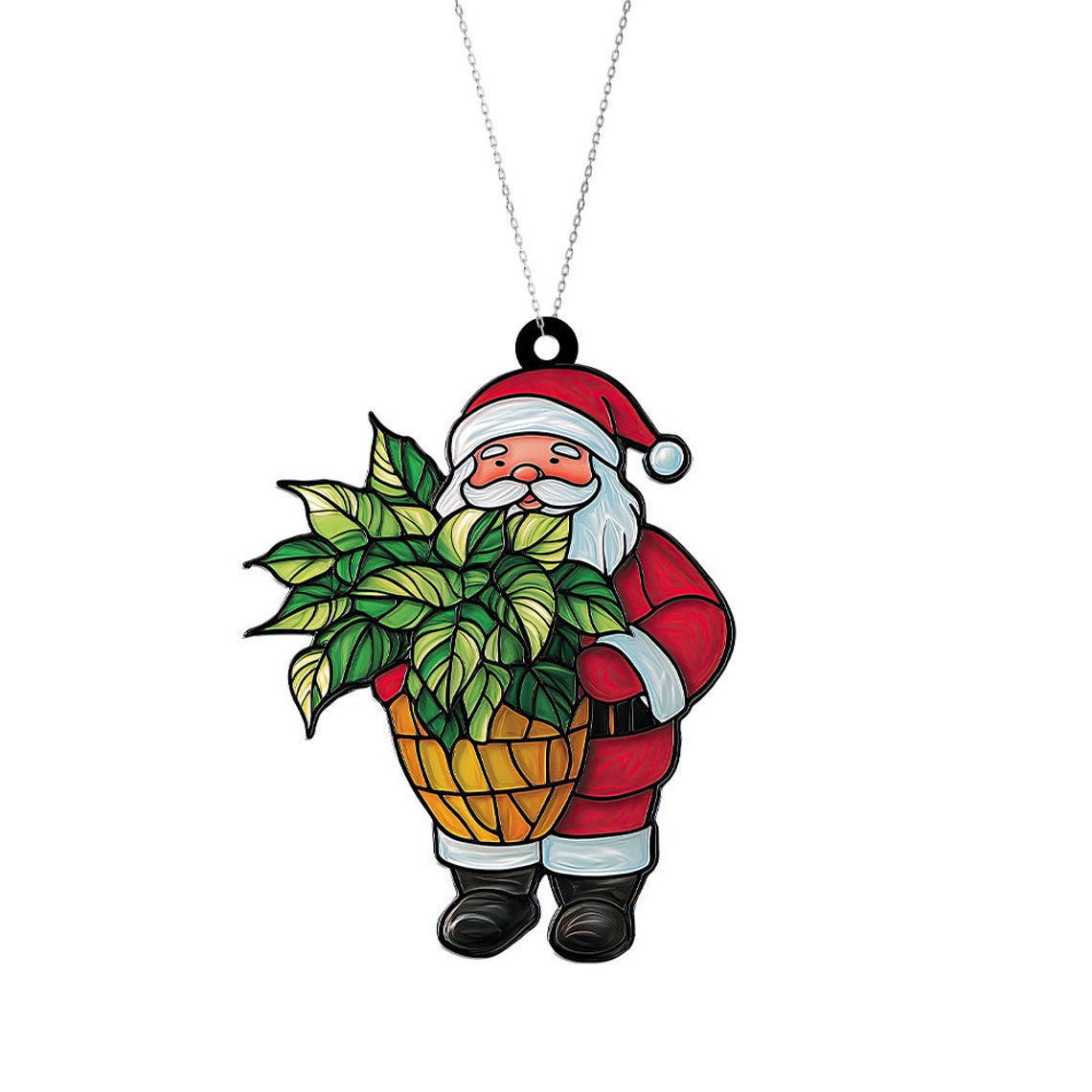 Santa with Plant Tree Suncatcher Ornament, Santa Monstera Christmas Suncatcher