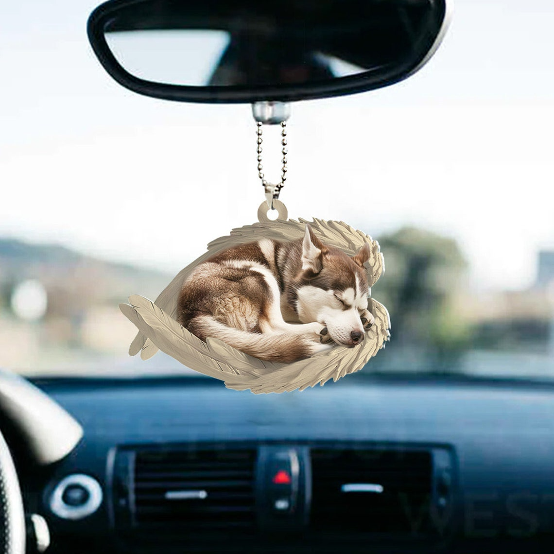 Siberian Husky Dog Sleeping Angel Wings Ornament, Cute Husky Dog Car Christmas Ornament Gift