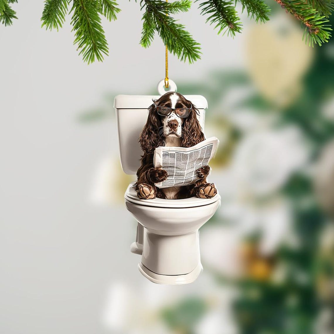 English Springer Spaniel Dog Sit On Toilet Ornament, Dog Car Ornament Christmas Decor Gift