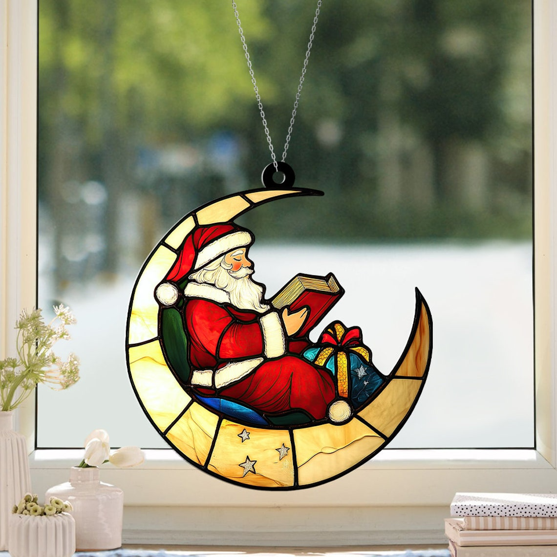 Santa Reading Books On The Moon Suncatcher, Santa Claus Read Book Christmas Ornament