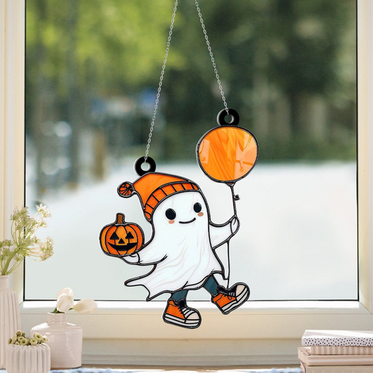 Ghost with Balloons and Pumpkins Halloween Suncatcher, Ghost Hanging Ornament Gift