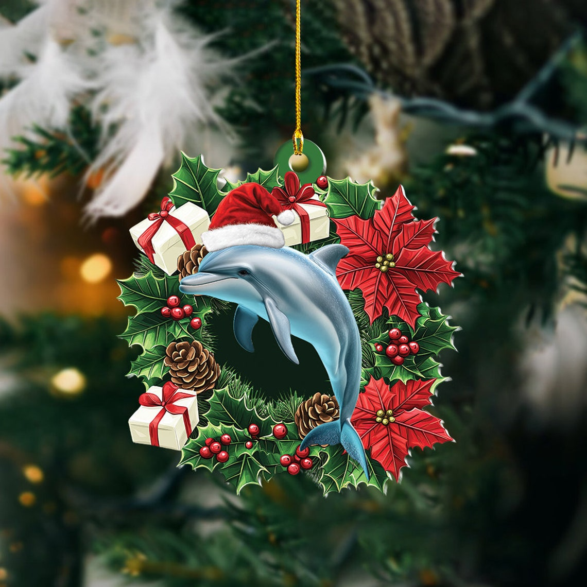 Cute Dolphin Christmas Wreath Ornament, Ornament Christmas Dolphin Hanging Decor Gift