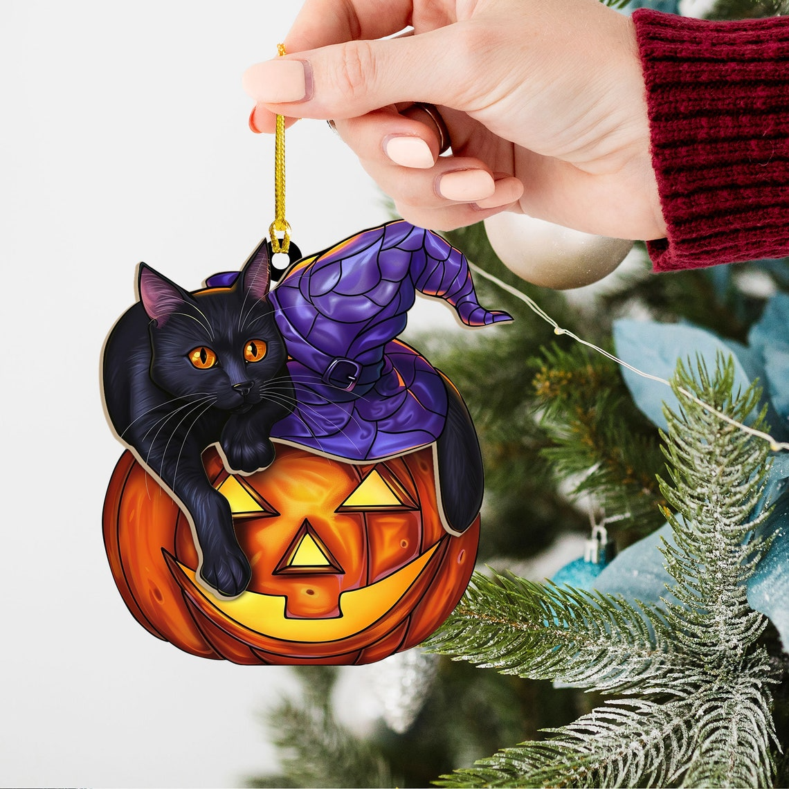 Cat Pumpkin Hat Witchy Suncatcher Ornament, Halloween Cat Pumpkin Ornament