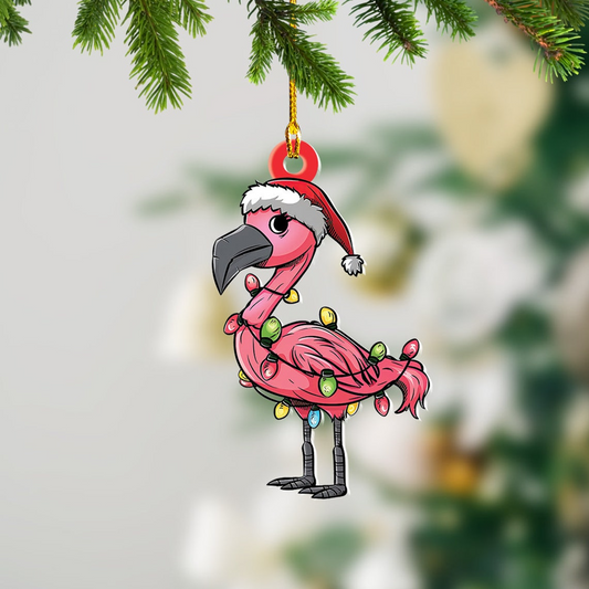 Flamingo Pink Christmas Lights Ornament, Cute Flamingo Hanging Christmas Tree Ornament