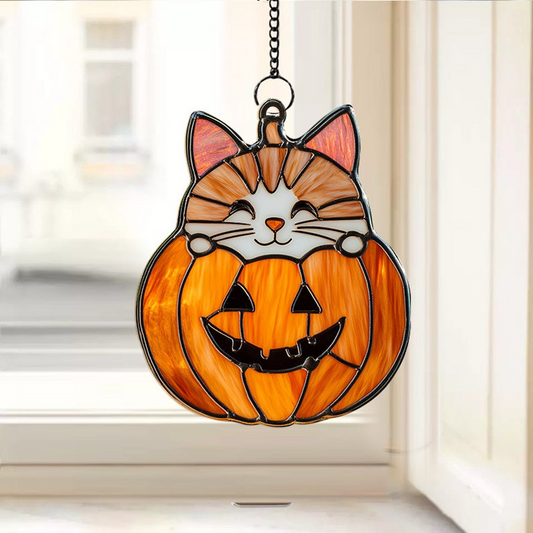 Spooky Pumpkin and Leaves Suncatcher, Halloween Pumpkin Fall Hanging Ornament