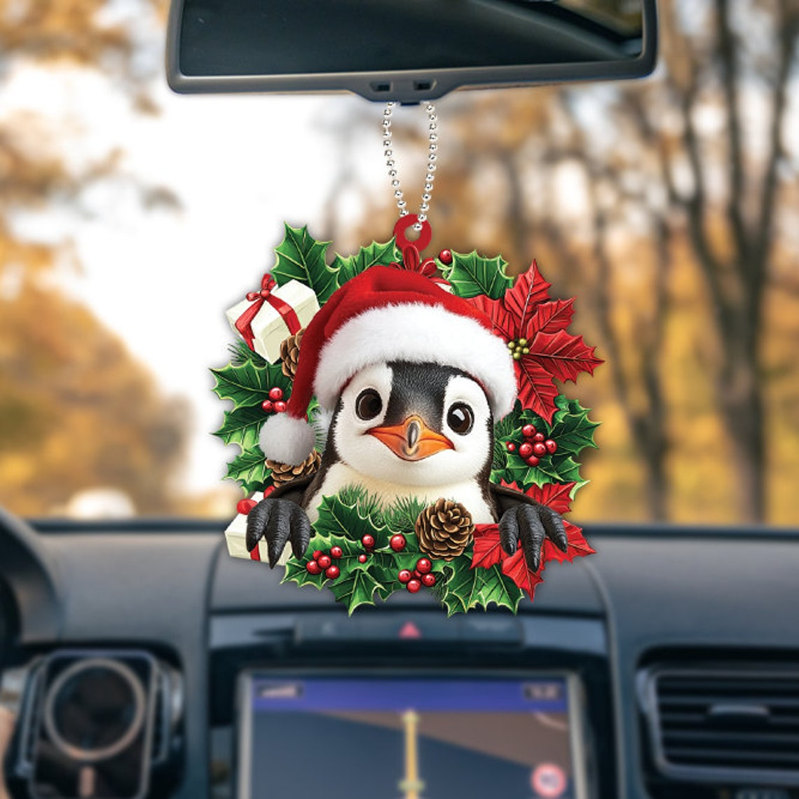 Penguin Car Christmas Wreath Ornament, Penguin Hanging Christmas Tree Decor Ornament