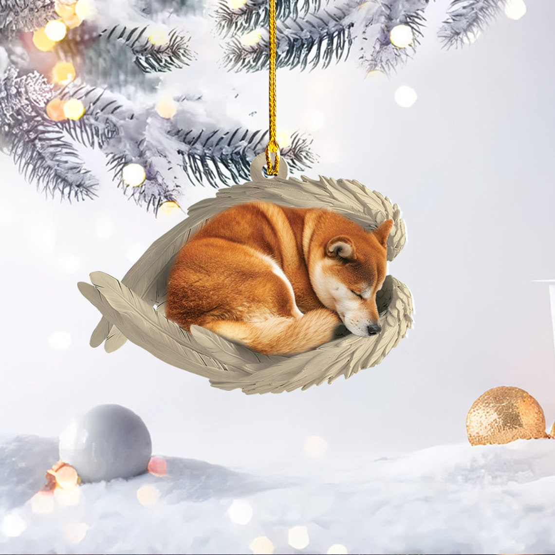 Christmas Shiba Inu Dog Sleeping Angel Wings Ornament, Shiba Inu Dog Christmas Ornament Gift