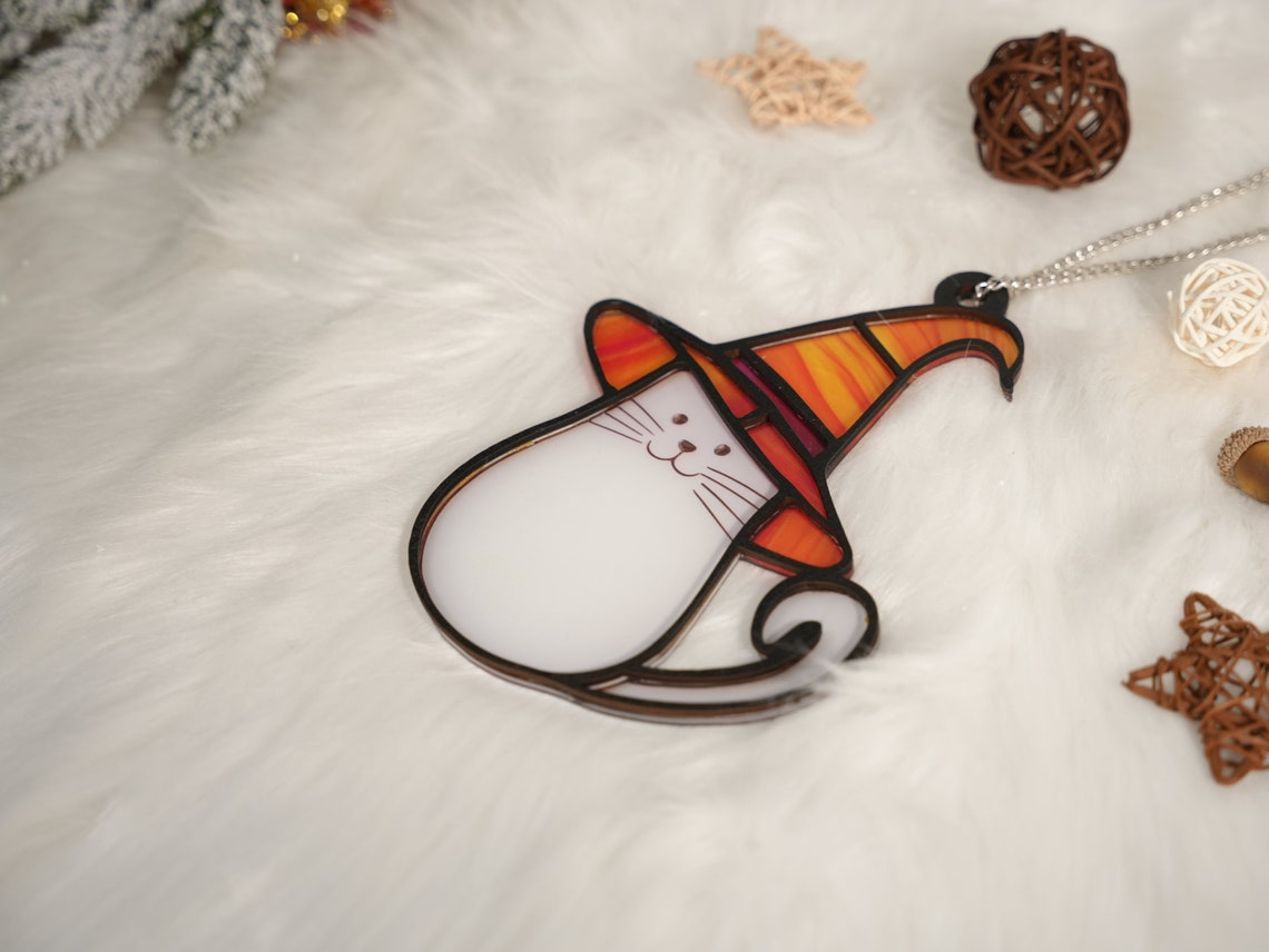 Cute Ghost Cat Halloween Suncatcher, Cute Ghost Cat Window Hanging Decor