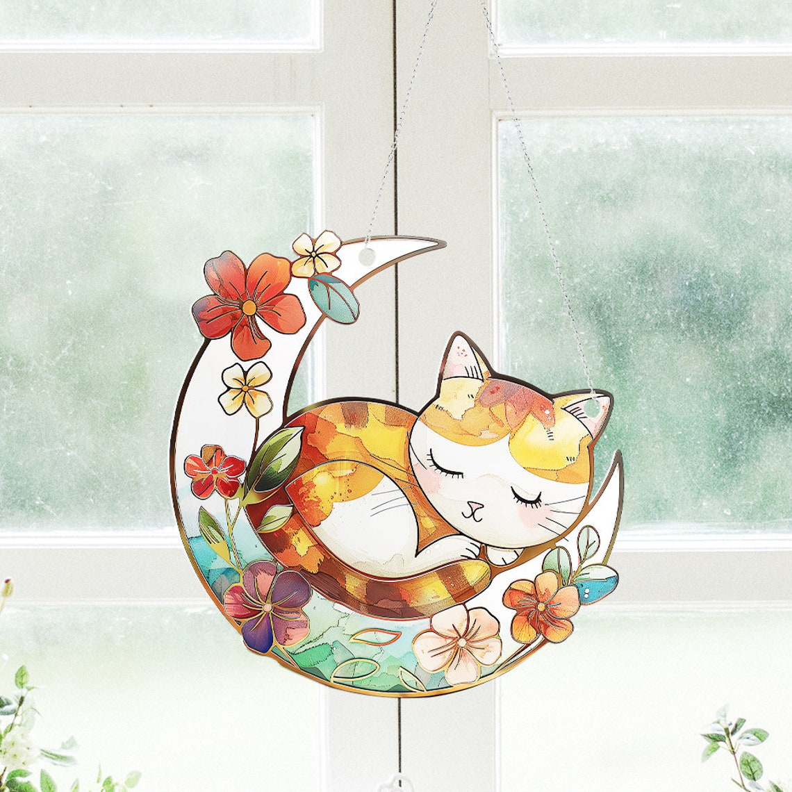 Cat on Moon Flower Hanging Suncatcher, Cat on Moon Window Hanging Decor Ornament