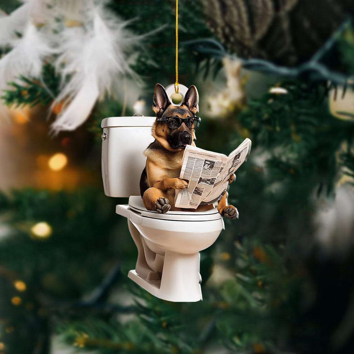 Belgian Malinois Dog Sitting On Toilet Ornament, Funny Dog Reading Newspaper Ornament