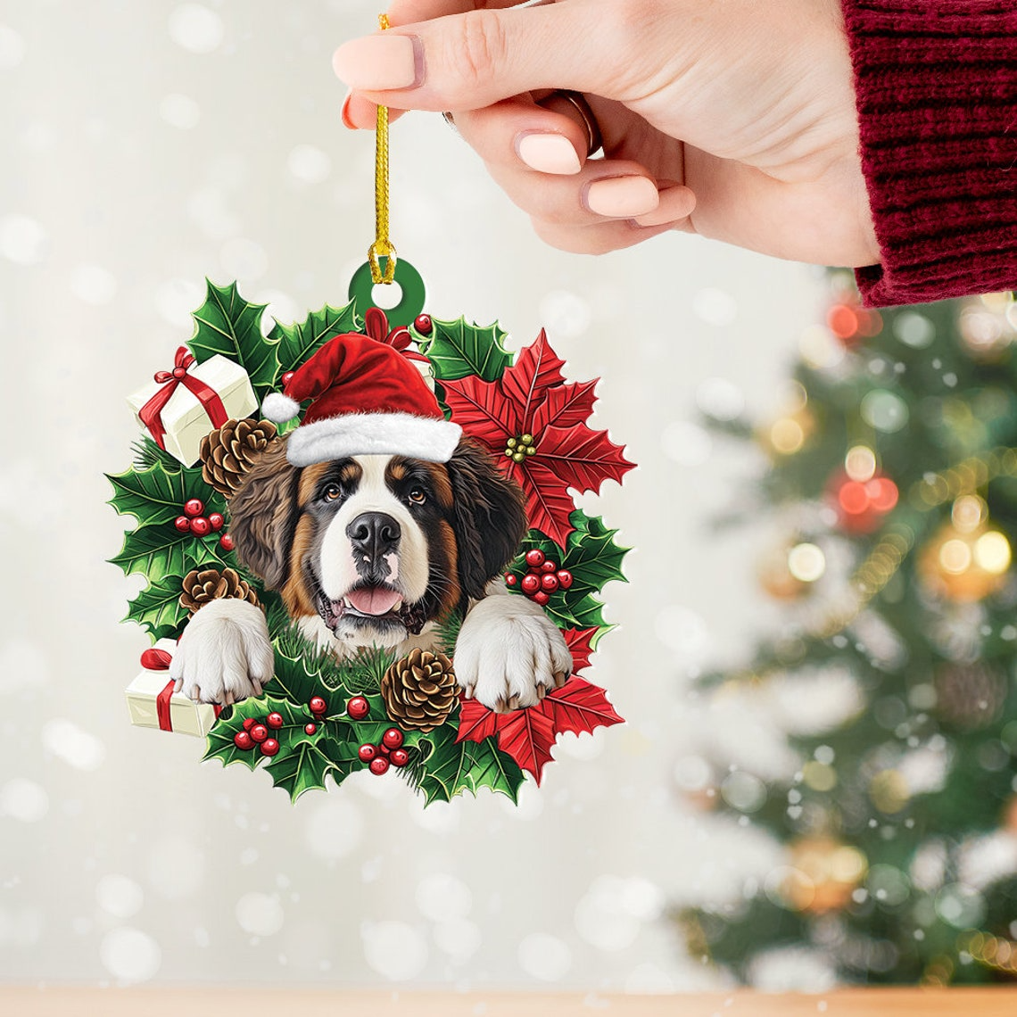 St. Bernard Dog Christmas Wreath Ornament, Cute Saint Bernard Dog Christmas Ornament Decor