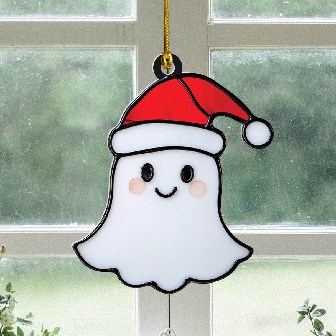 Funny Ghost With Santa Hat Halloween Suncatcher, Cute Ghost Hanging Ornament Decor