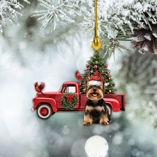 Yorkshire Terrier Dog Red Truck Christmas Ornament, Cute Dog and Red Truck Christmas Ornament Gift