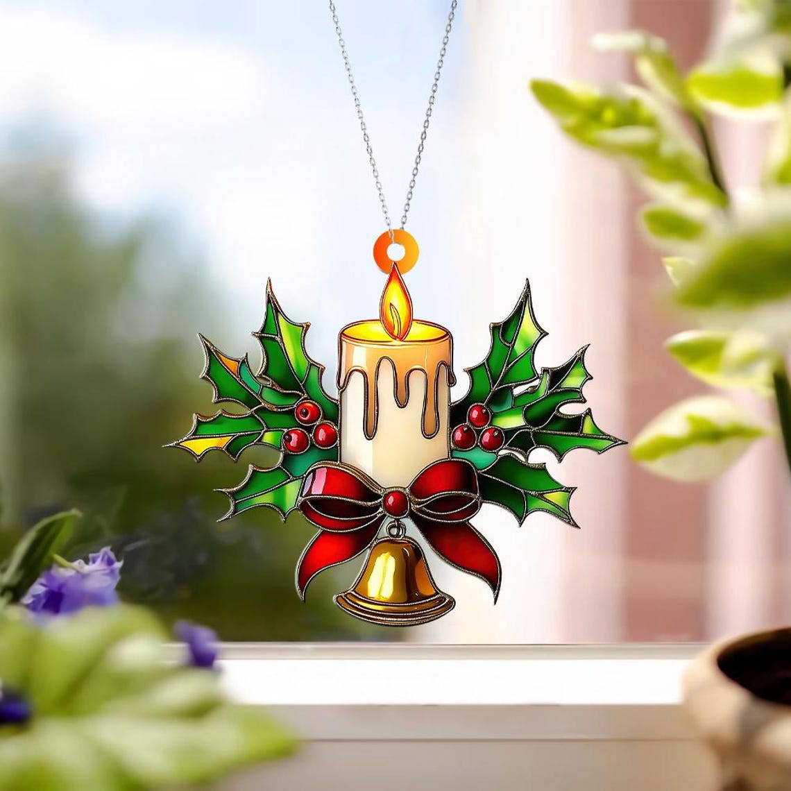 Candle with Bell Window Hanging Suncatcher, Candle with Bell Christmas Ornament