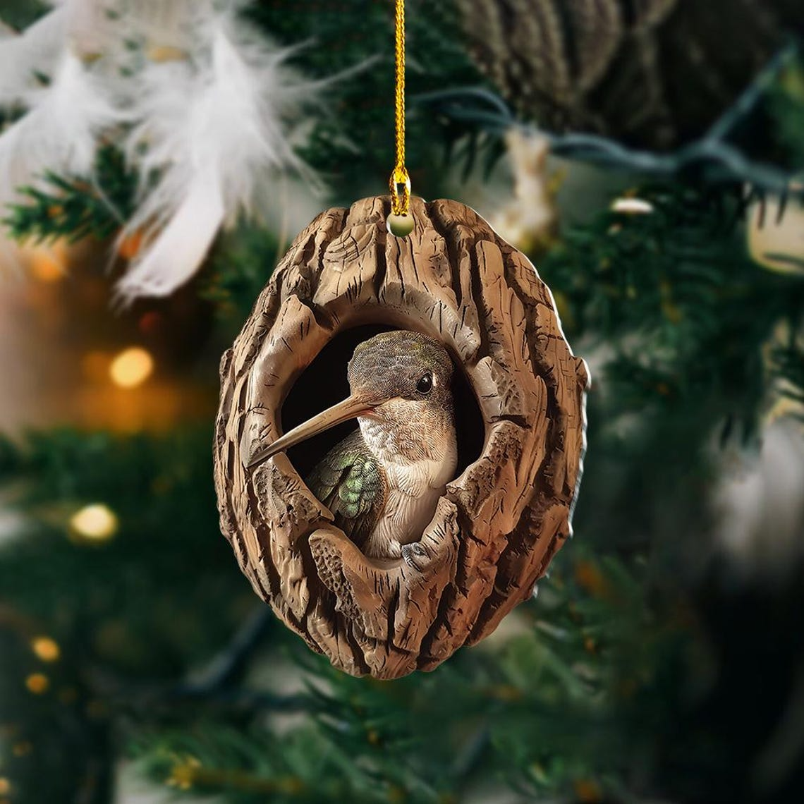 Hummingbird Flat Christmas Ornament, Bird in a Hallow Tree Hanging Christmas Ornament