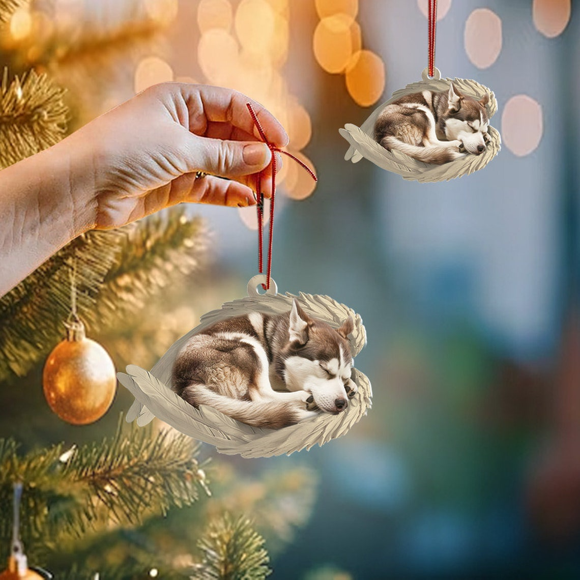 Siberian Husky Dog Sleeping Angel Wings Ornament, Cute Husky Dog Car Christmas Ornament Gift