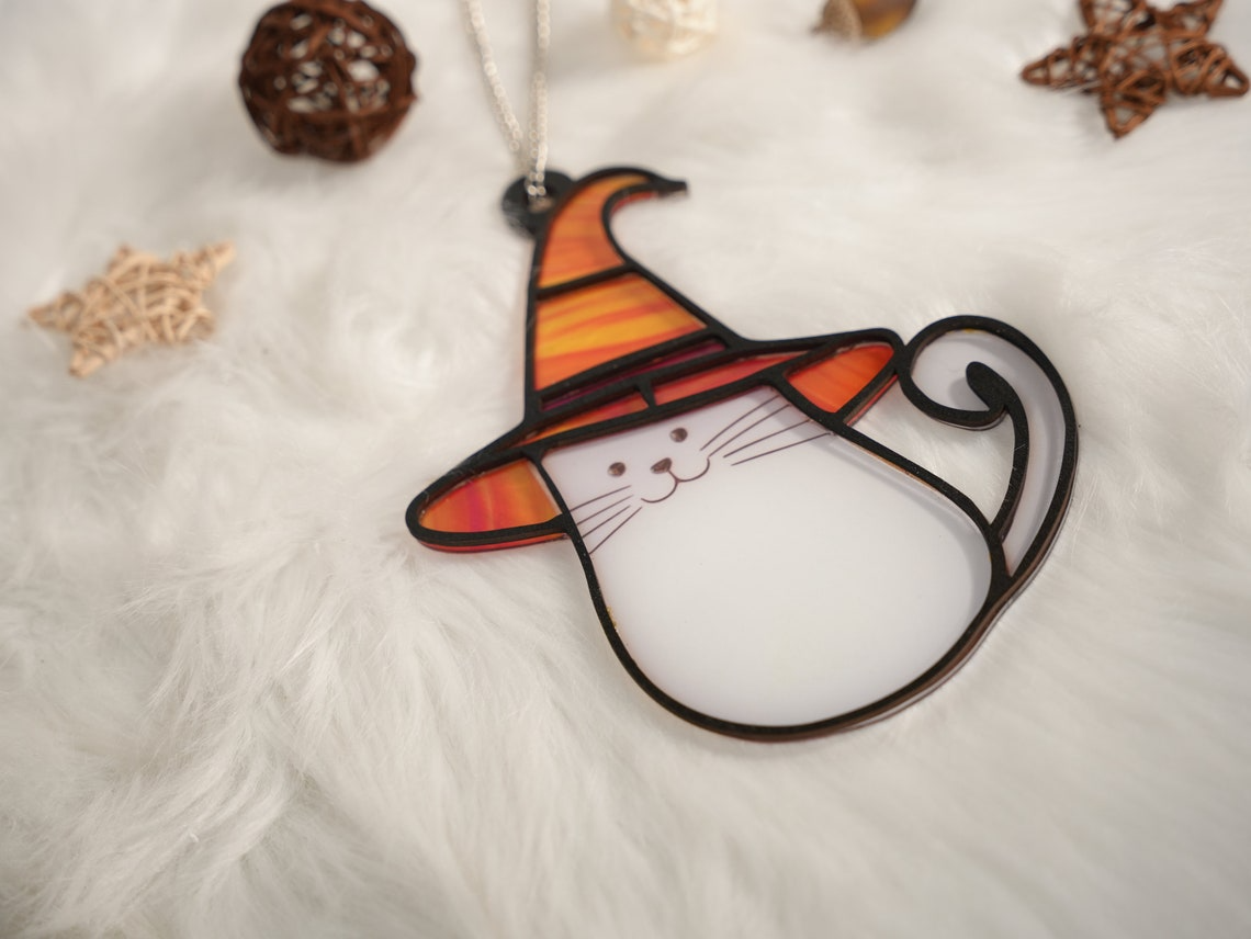 Cute Ghost Cat Halloween Suncatcher, Cute Ghost Cat Window Hanging Decor