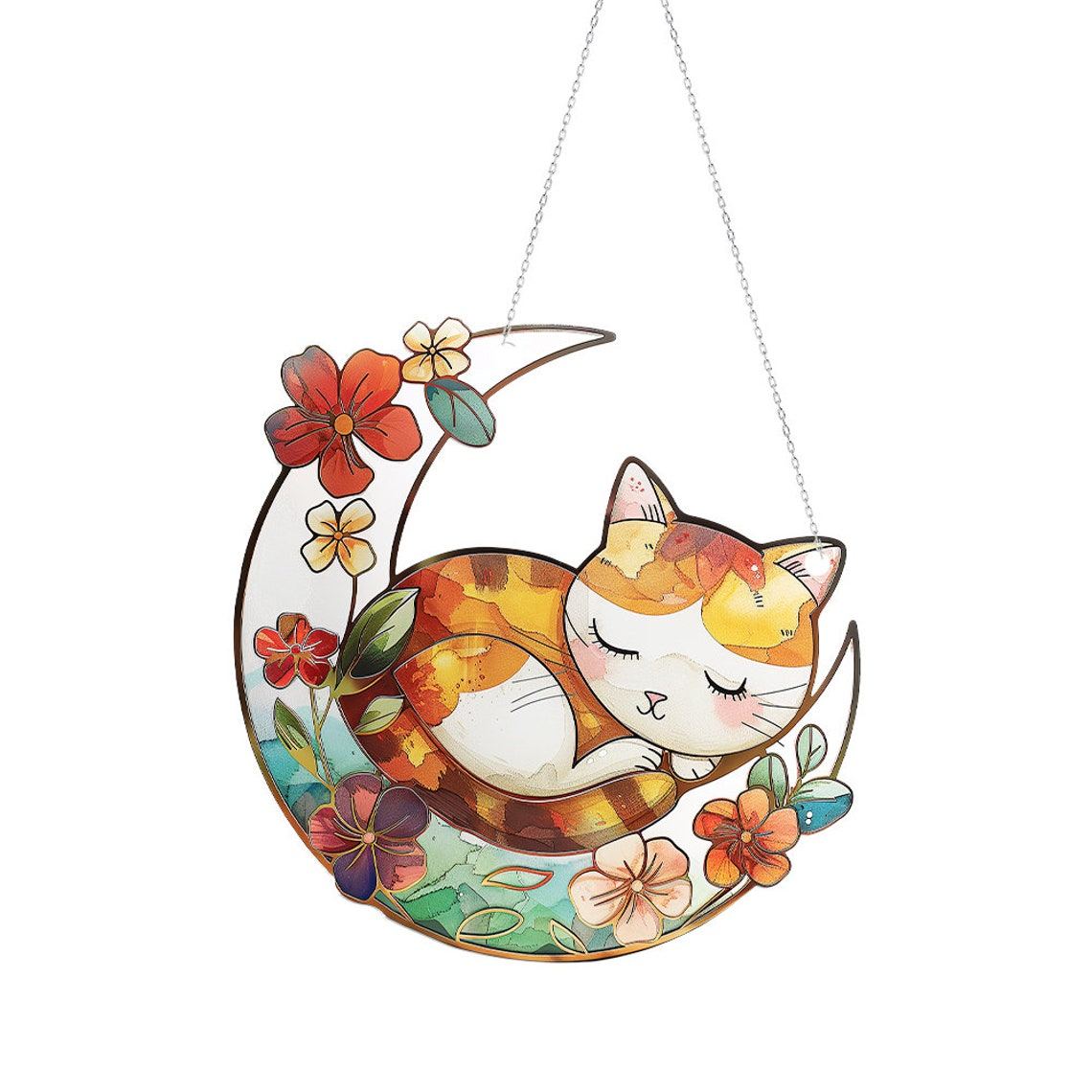 Cat on Moon Flower Hanging Suncatcher, Cat on Moon Window Hanging Decor Ornament