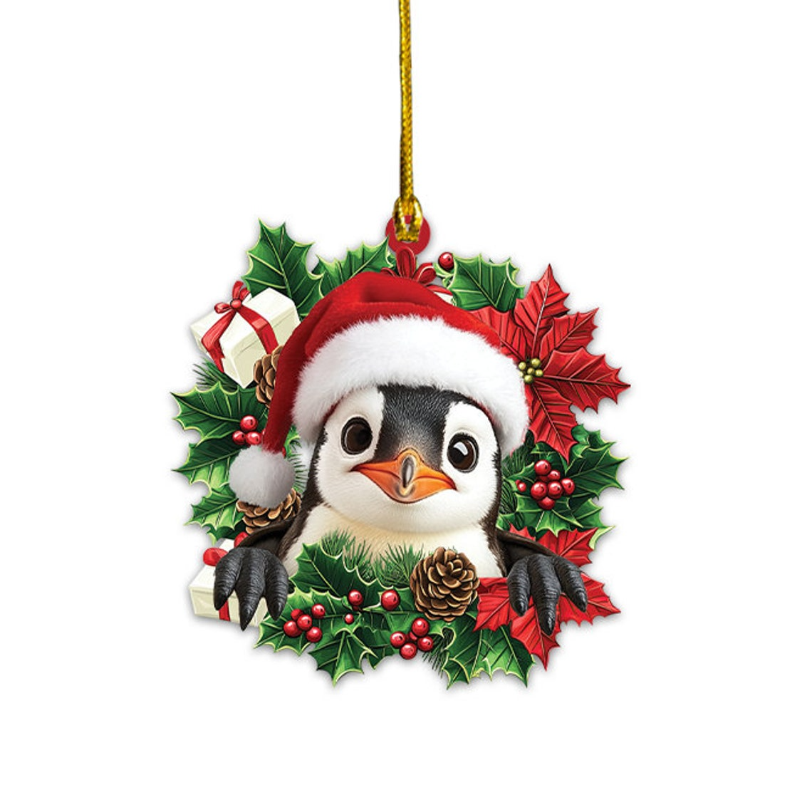 Penguin Car Christmas Wreath Ornament, Penguin Hanging Christmas Tree Decor Ornament