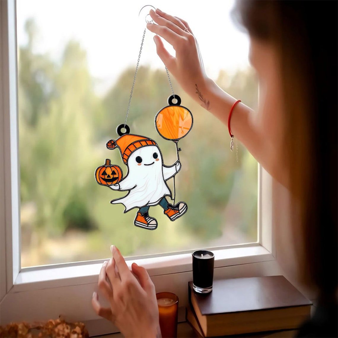 Ghost with Balloons and Pumpkins Halloween Suncatcher, Ghost Hanging Ornament Gift