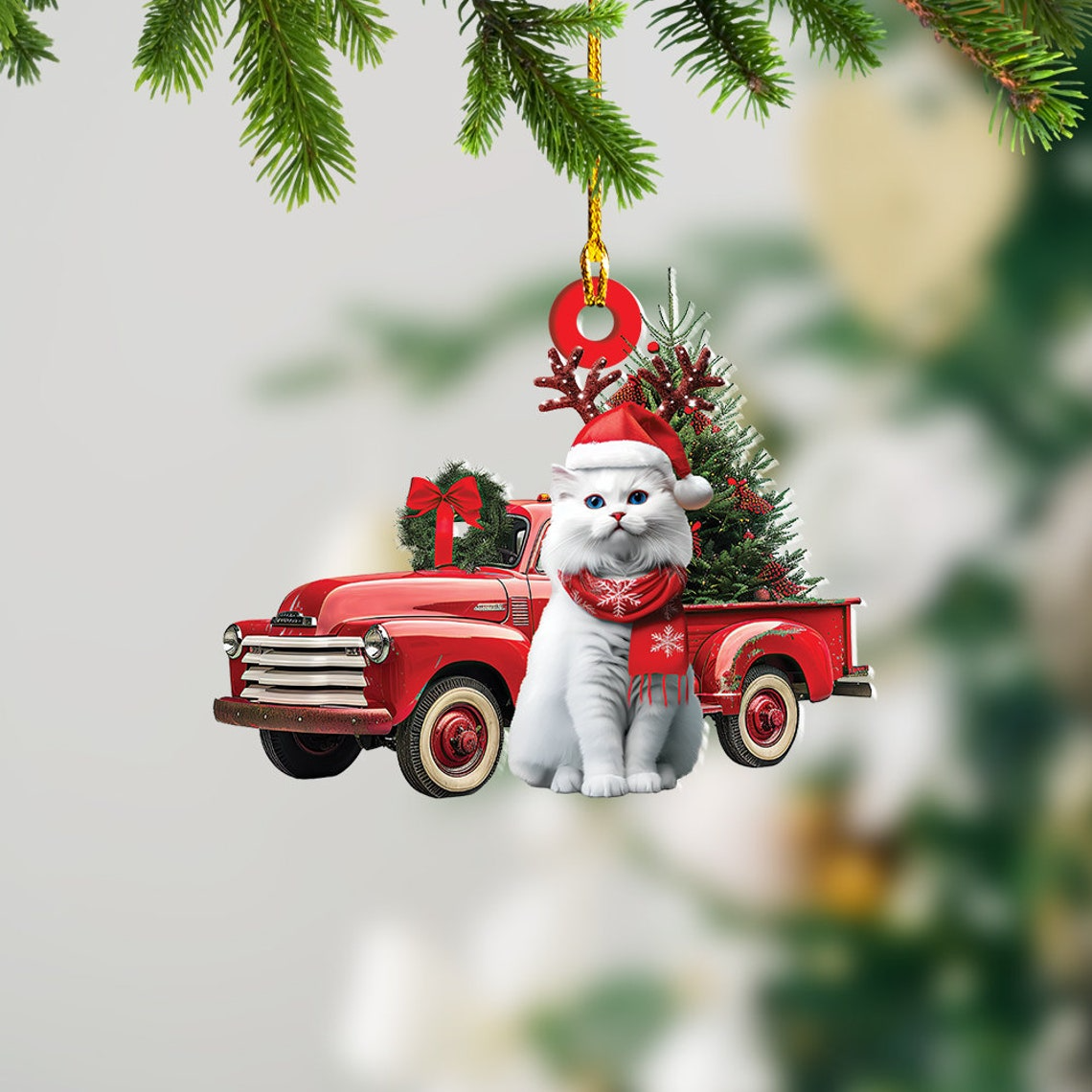 Cute Persian Cat and Red Truck Christmas Ornament, Cat Hanging Christmas Ornament Decor Gift