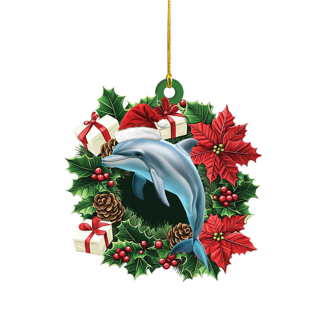 Cute Dolphin Christmas Wreath Ornament, Ornament Christmas Dolphin Hanging Decor Gift