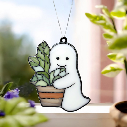 Ghost Plant Window Suncatcher Ornament, Halloween Ghost Planter Ornament