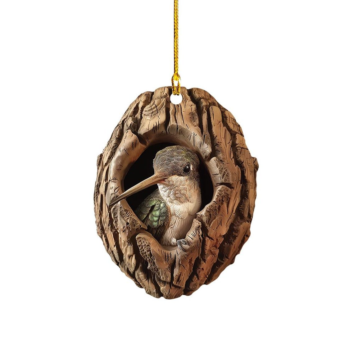 Hummingbird Flat Christmas Ornament, Bird in a Hallow Tree Hanging Christmas Ornament