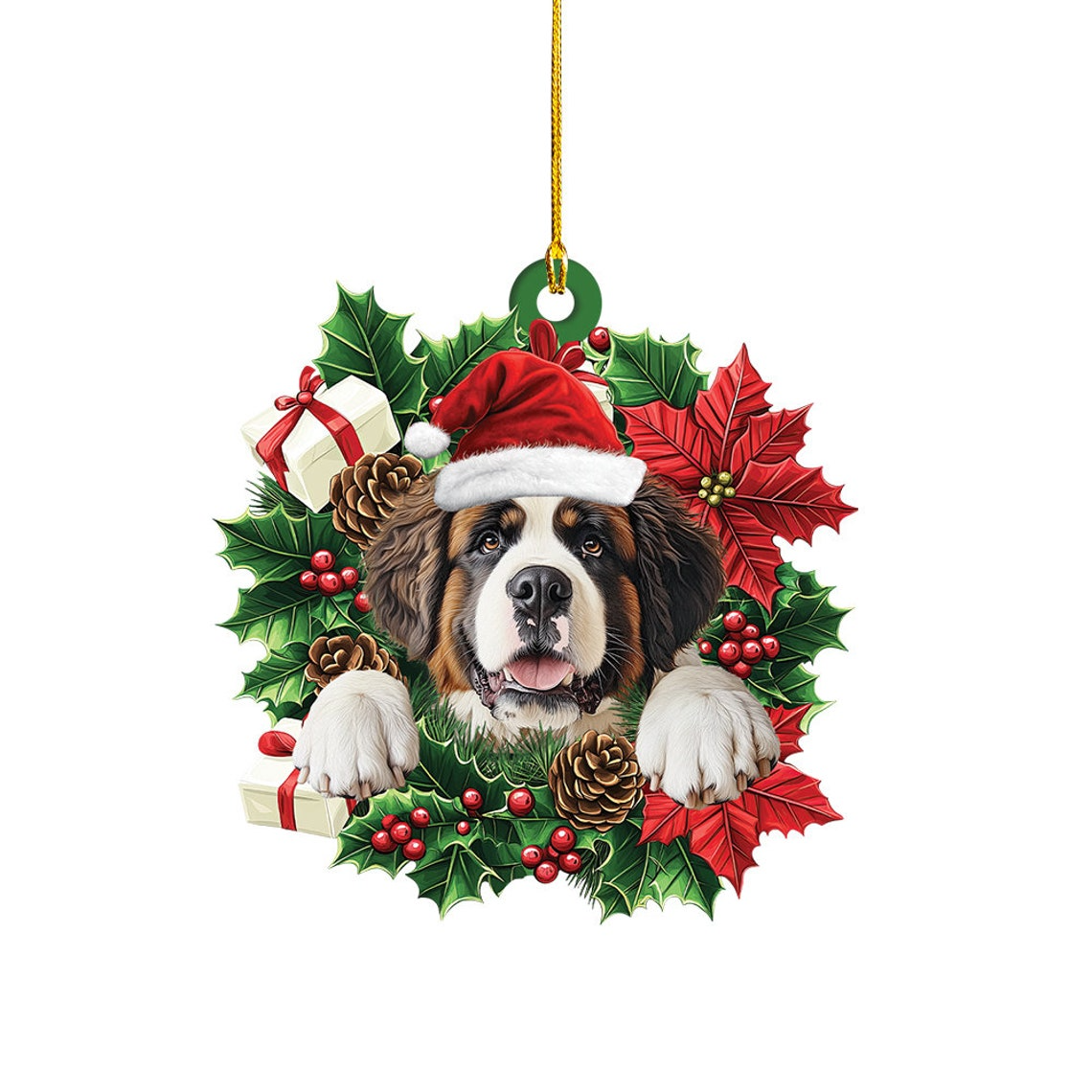 St. Bernard Dog Christmas Wreath Ornament, Cute Saint Bernard Dog Christmas Ornament Decor