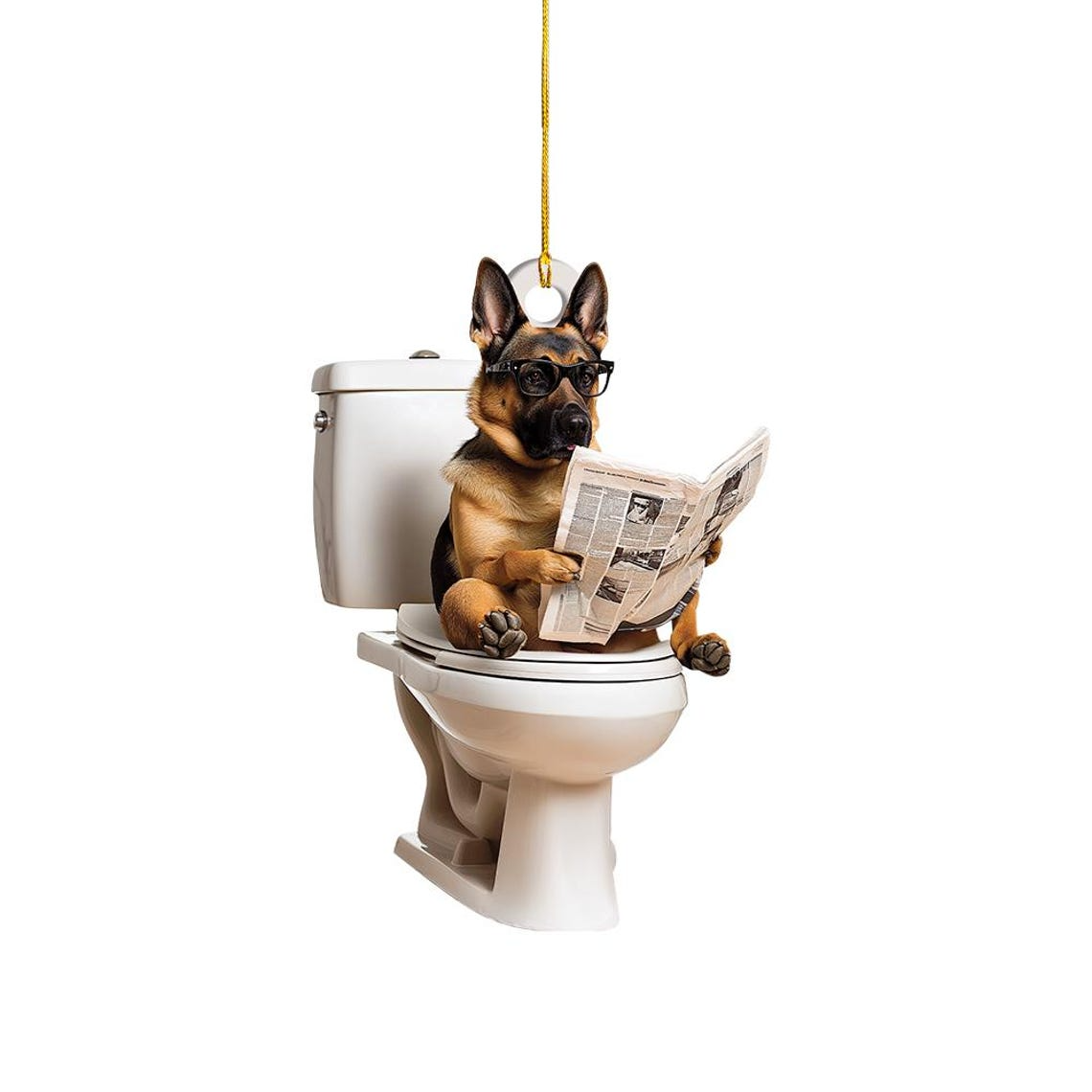 Belgian Malinois Dog Sitting On Toilet Ornament, Funny Dog Reading Newspaper Ornament