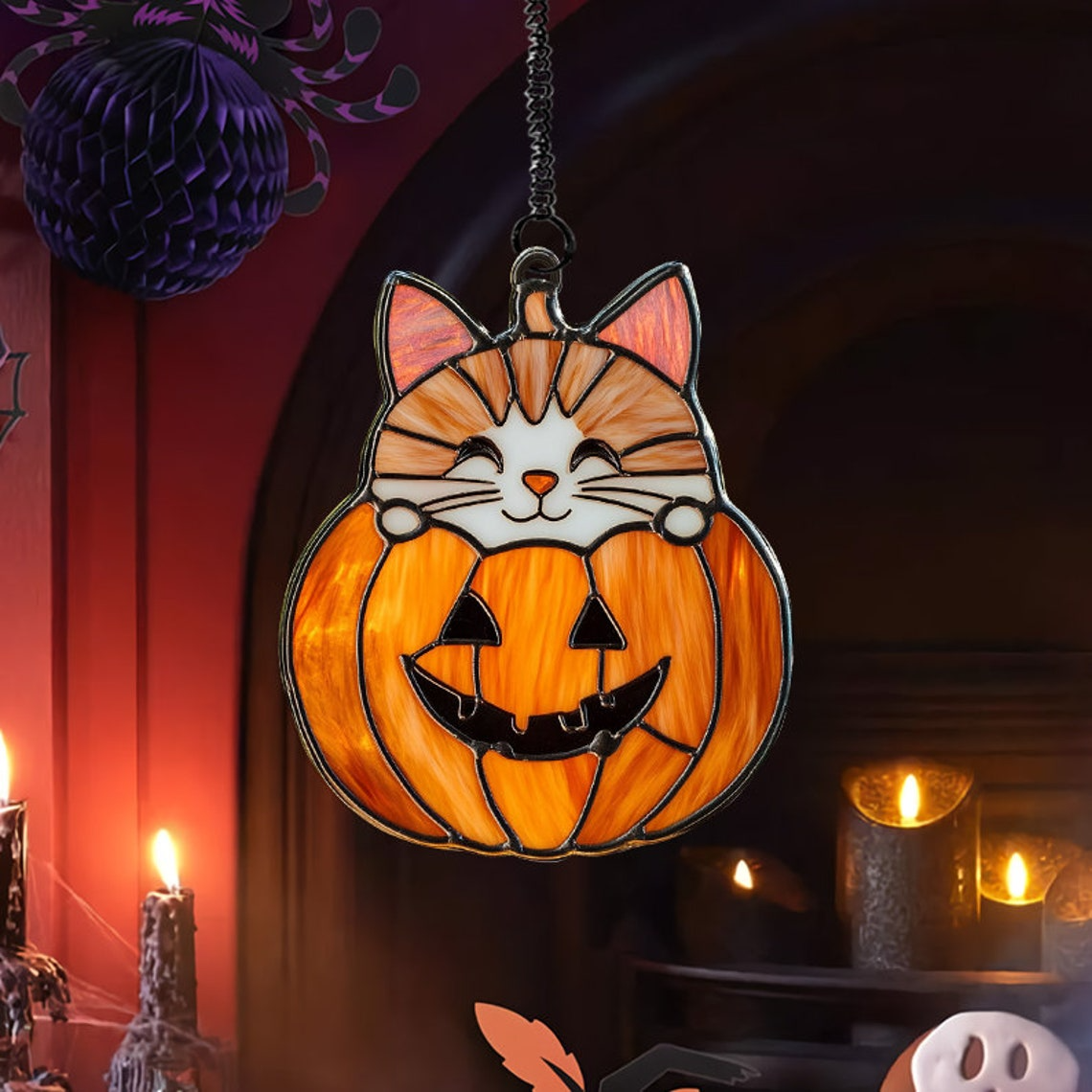 Cute Peekaboo Cat on Pumpkin Halloween Suncatcher, Cat on Pumpkin Hanging Ornament