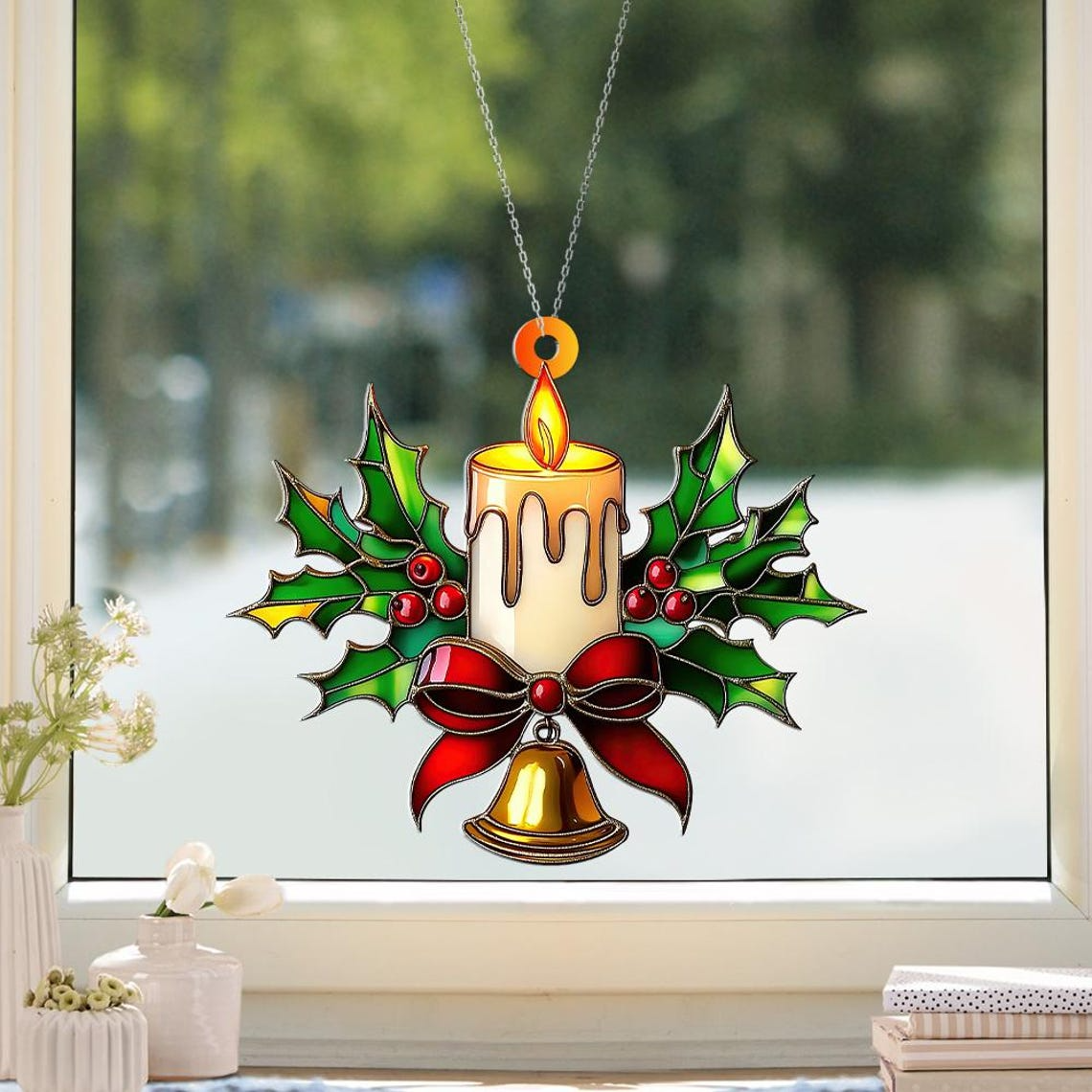 Candle with Bell Window Hanging Suncatcher, Candle with Bell Christmas Ornament