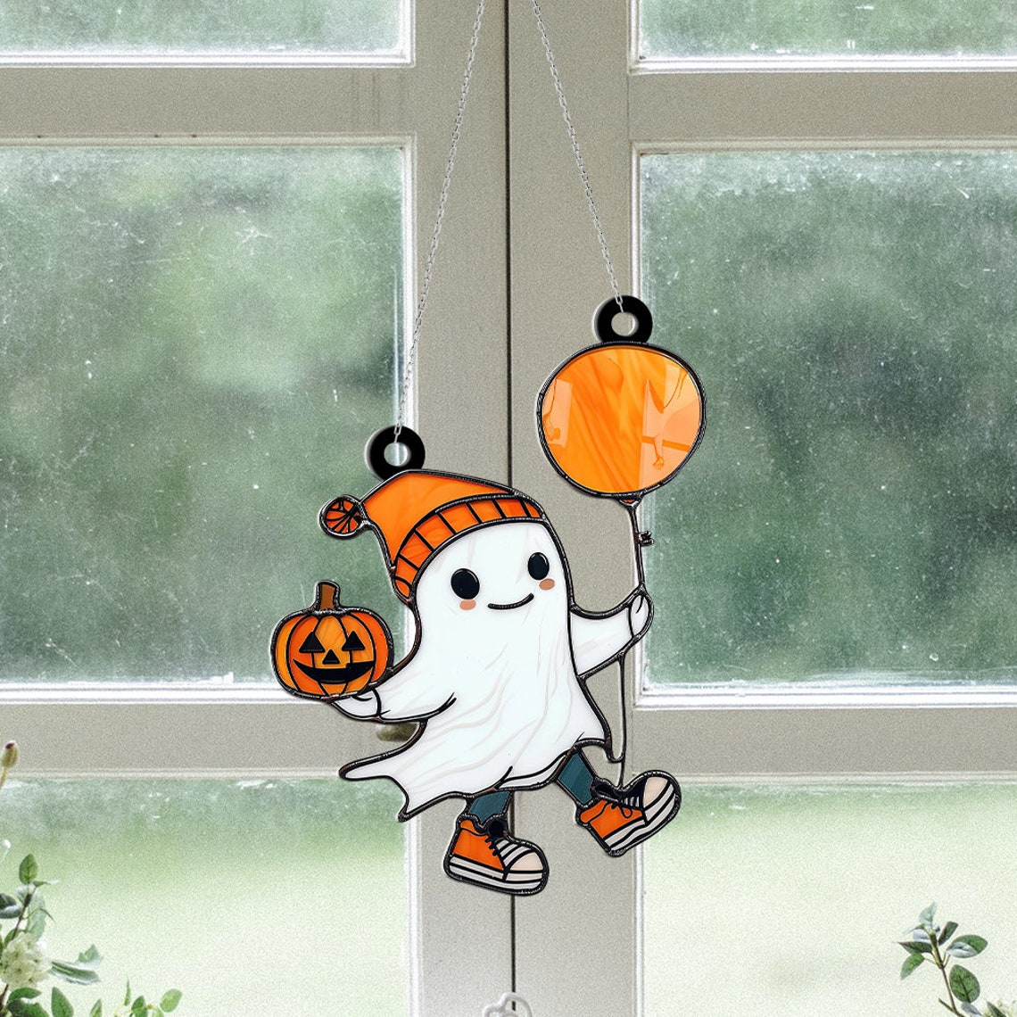 Ghost with Balloons and Pumpkins Halloween Suncatcher, Ghost Hanging Ornament Gift