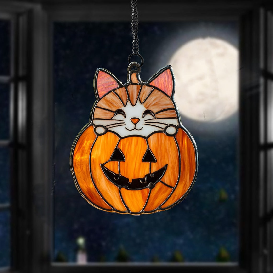 Cute Peekaboo Cat on Pumpkin Halloween Suncatcher, Cat on Pumpkin Hanging Ornament