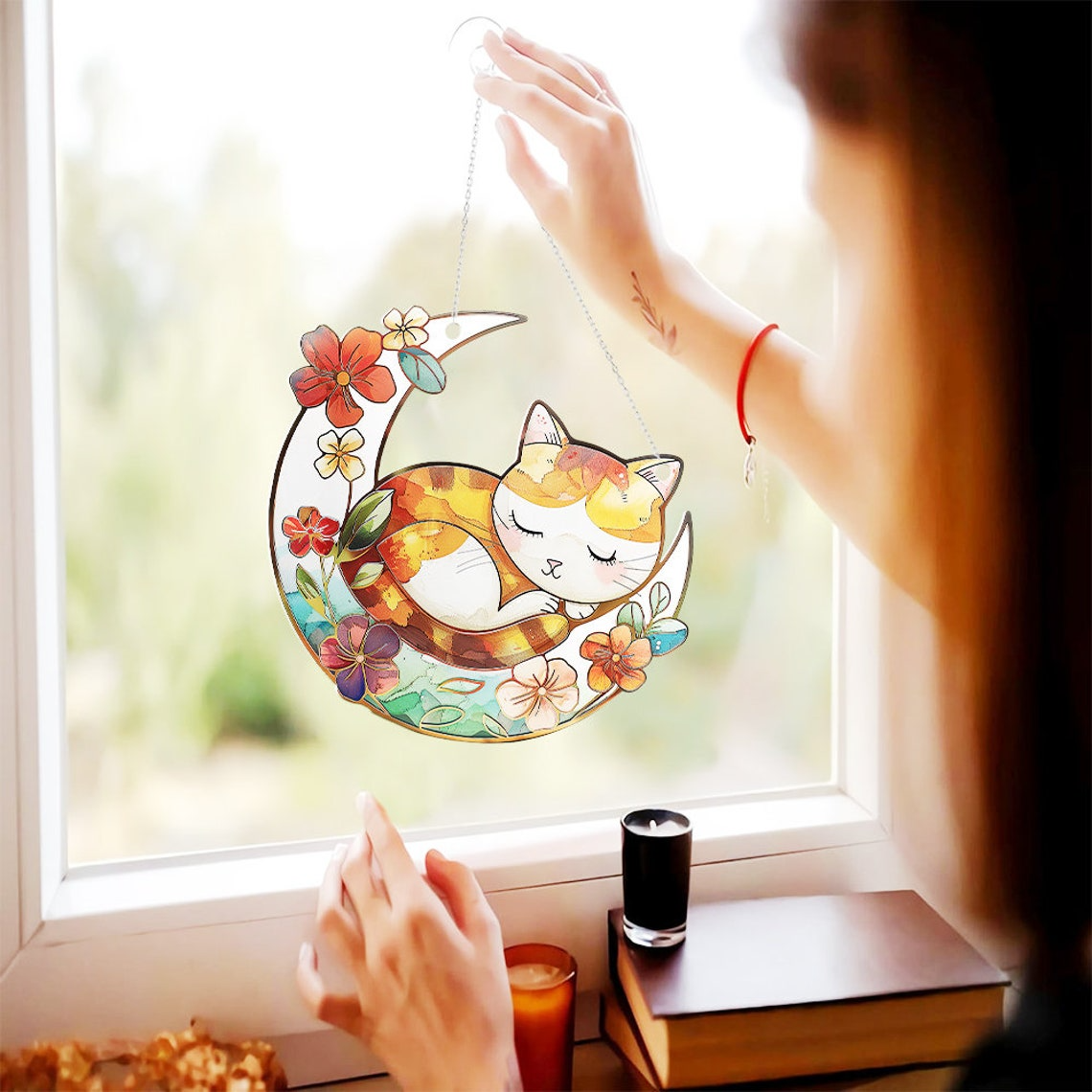 Cat on Moon Flower Hanging Suncatcher, Cat on Moon Window Hanging Decor Ornament