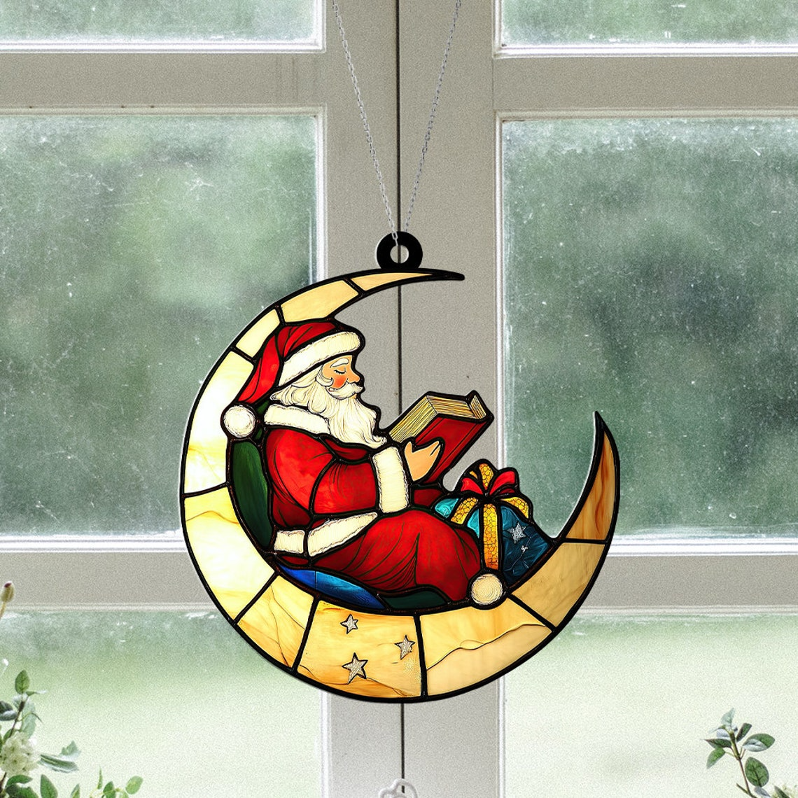 Santa Reading Books On The Moon Suncatcher, Santa Claus Read Book Christmas Ornament