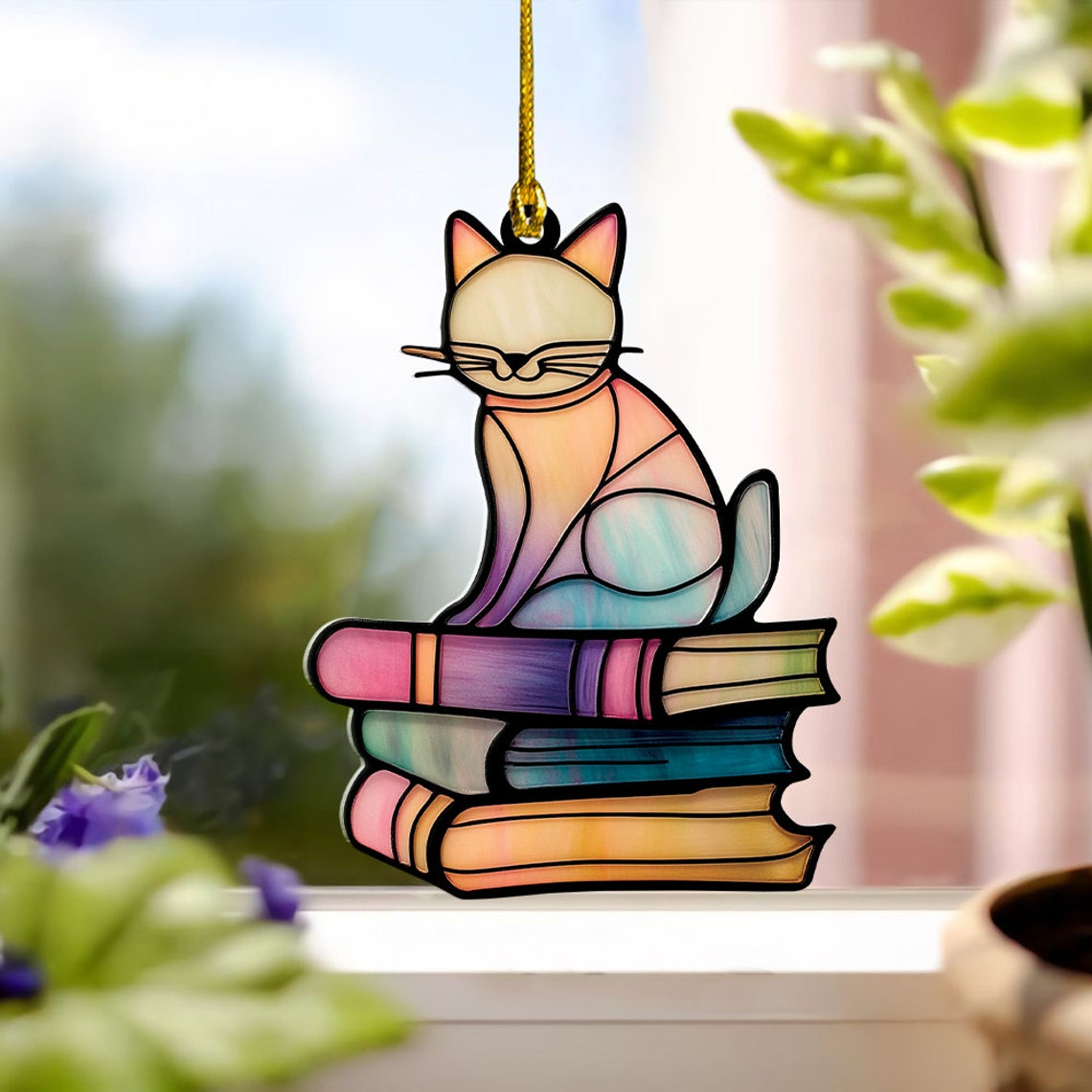 Cat Sitting on Books Suncatcher Ornament, Cat Sitting on Books Hanging Window Decor