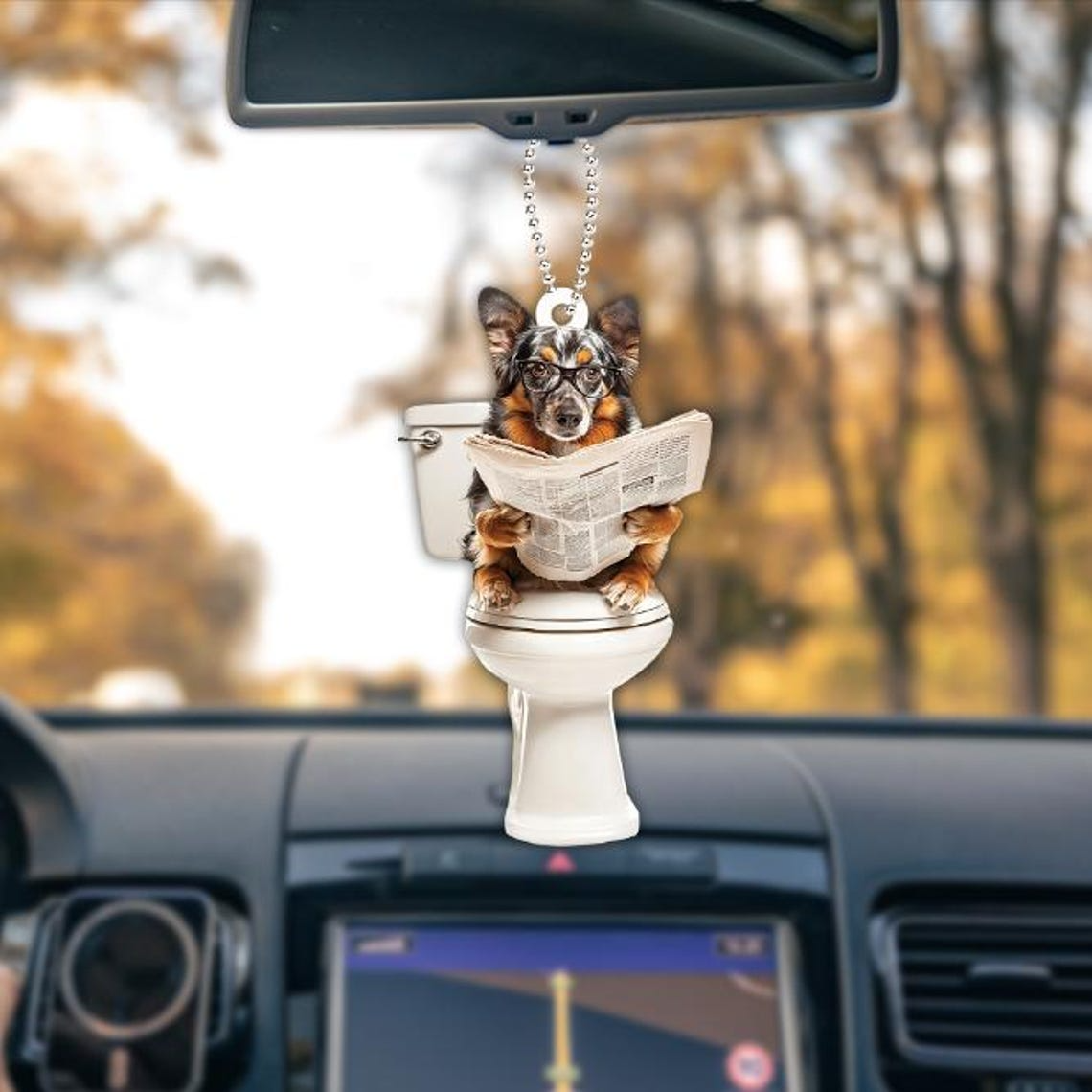 Australian Shepherd Dog Sitting On Toilet Ornament, Cute Dog Car Ornament Christmas Decor