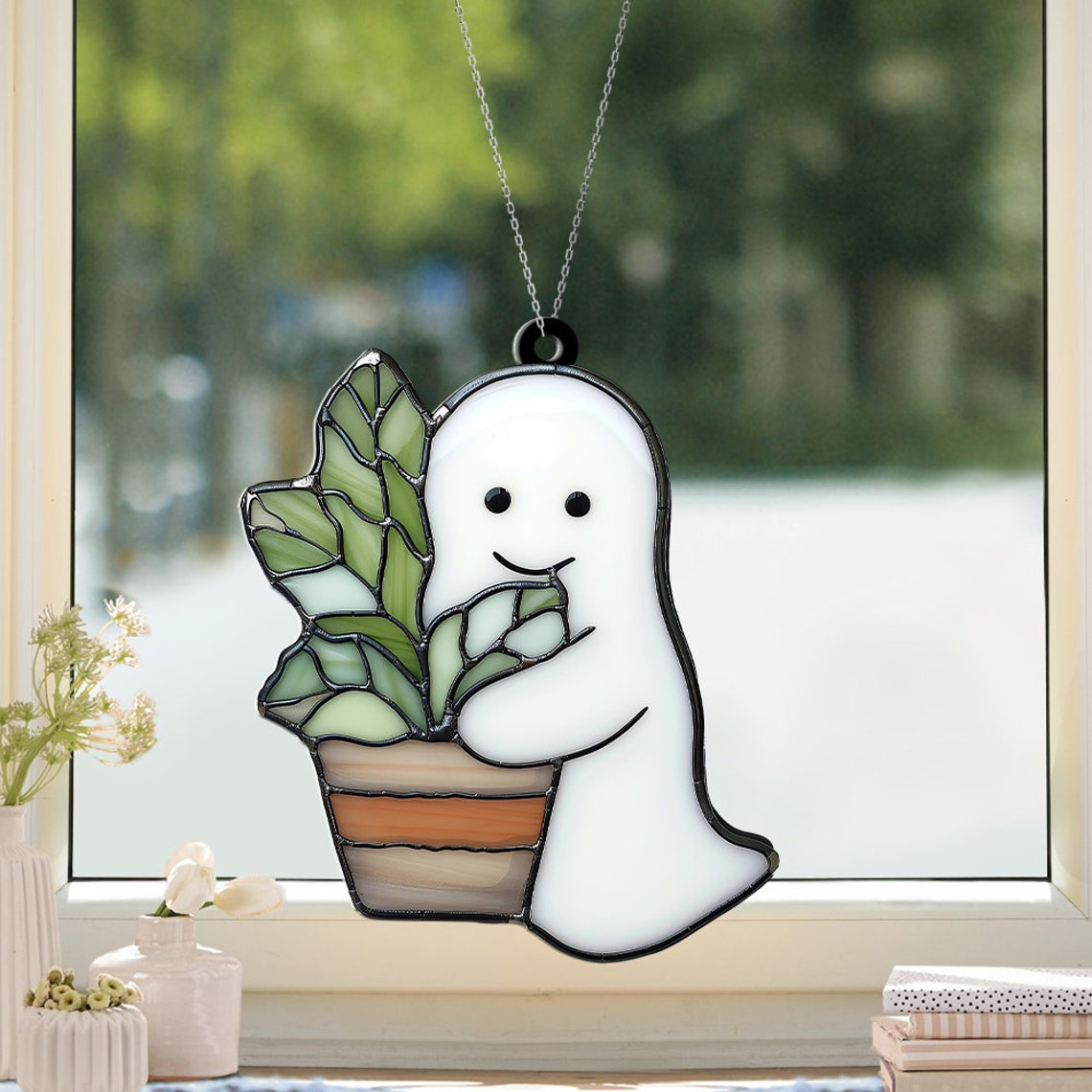 Ghost Plant Window Suncatcher Ornament, Halloween Ghost Planter Ornament