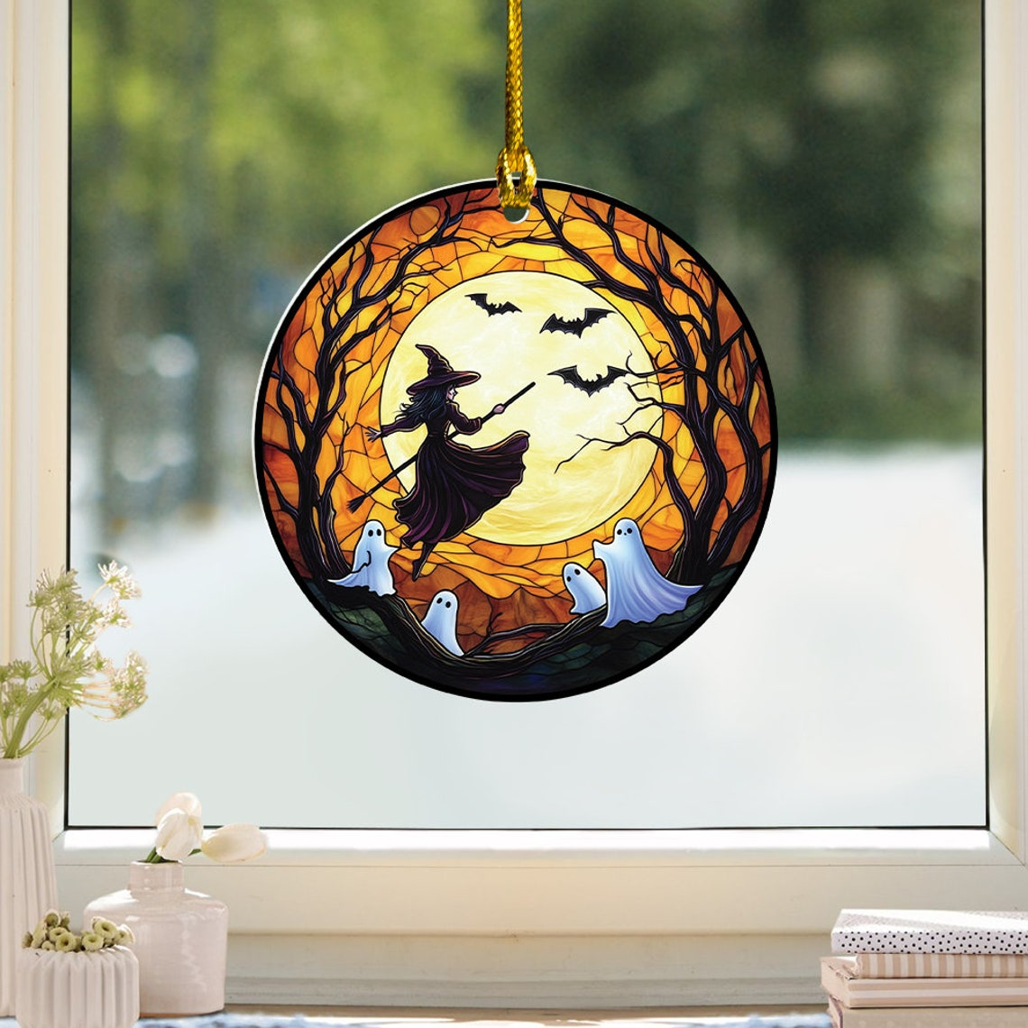 Witch Riding Broomstick Suncatcher Ornament, Halloween Witch Riding Broomstick Home Decor