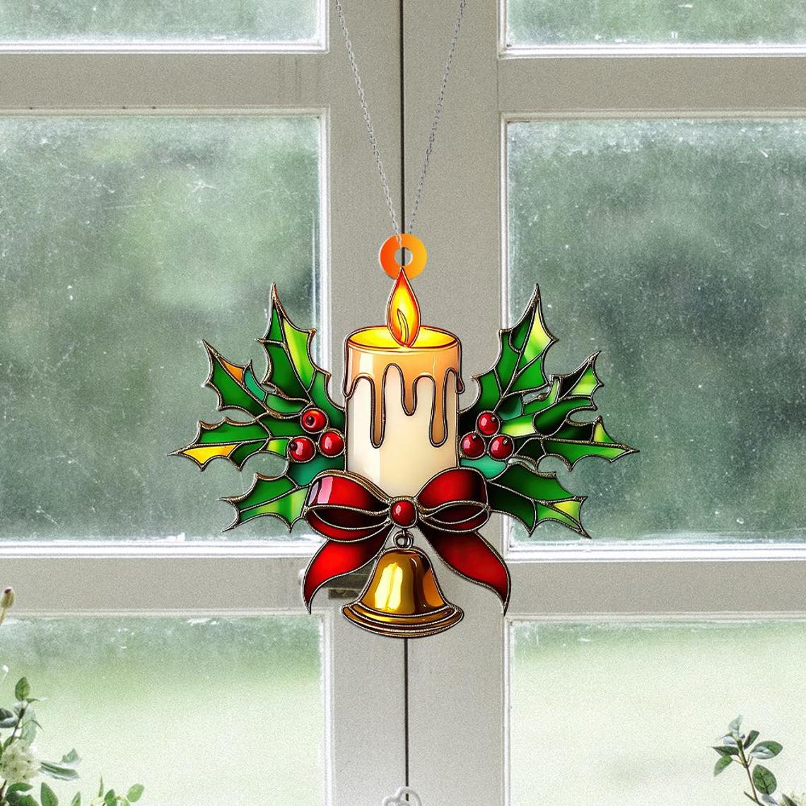 Candle with Bell Window Hanging Suncatcher, Candle with Bell Christmas Ornament