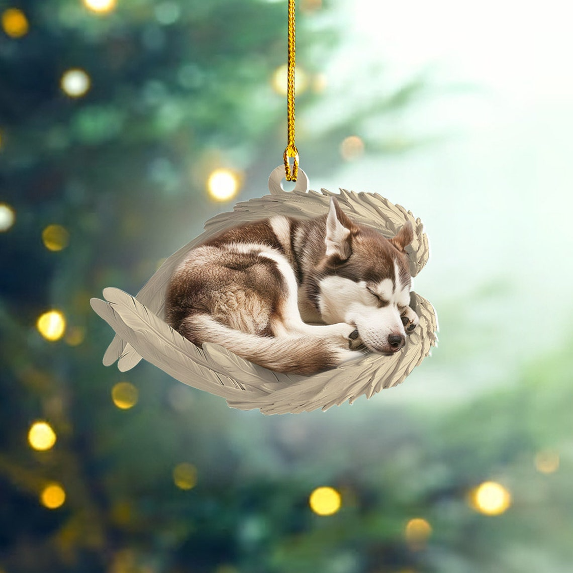 Siberian Husky Dog Sleeping Angel Wings Ornament, Cute Husky Dog Car Christmas Ornament Gift