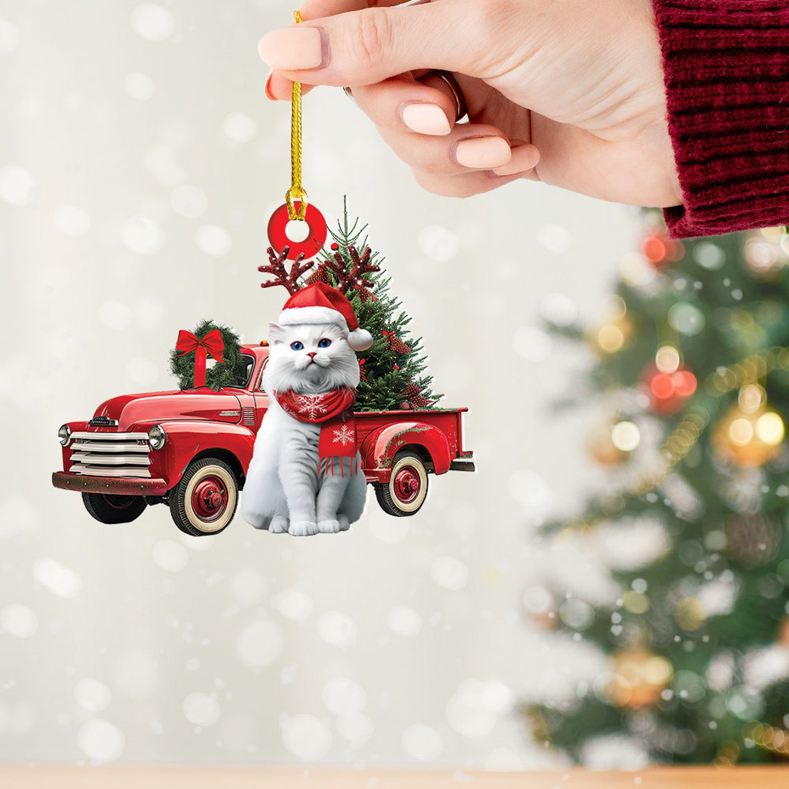 Cute Persian Cat and Red Truck Christmas Ornament, Cat Hanging Christmas Ornament Decor Gift